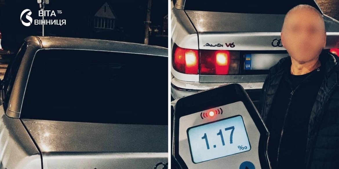 Патрульні перевіряють водія на алкоголь приладом Драгер уночі на вулиці Брацлавській у Вінниці
