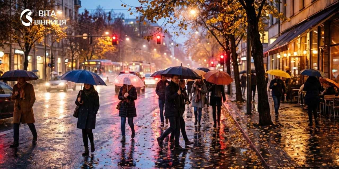 Перехожі з парасолями на мокрій вулиці восени