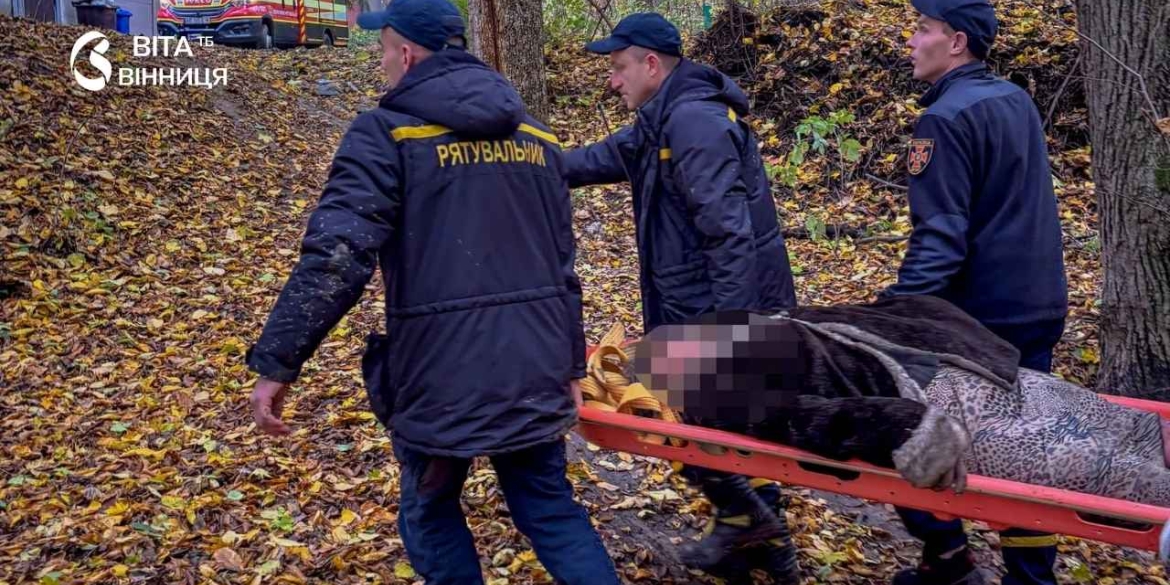 Рятувальники ДСНС несуть на ношах знайдену грибницю лісовою стежкою в П'ятничанському лісі у Вінниці