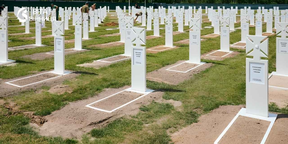 Меморіальне військове кладовище з рядами могил, прапорами та хрестами