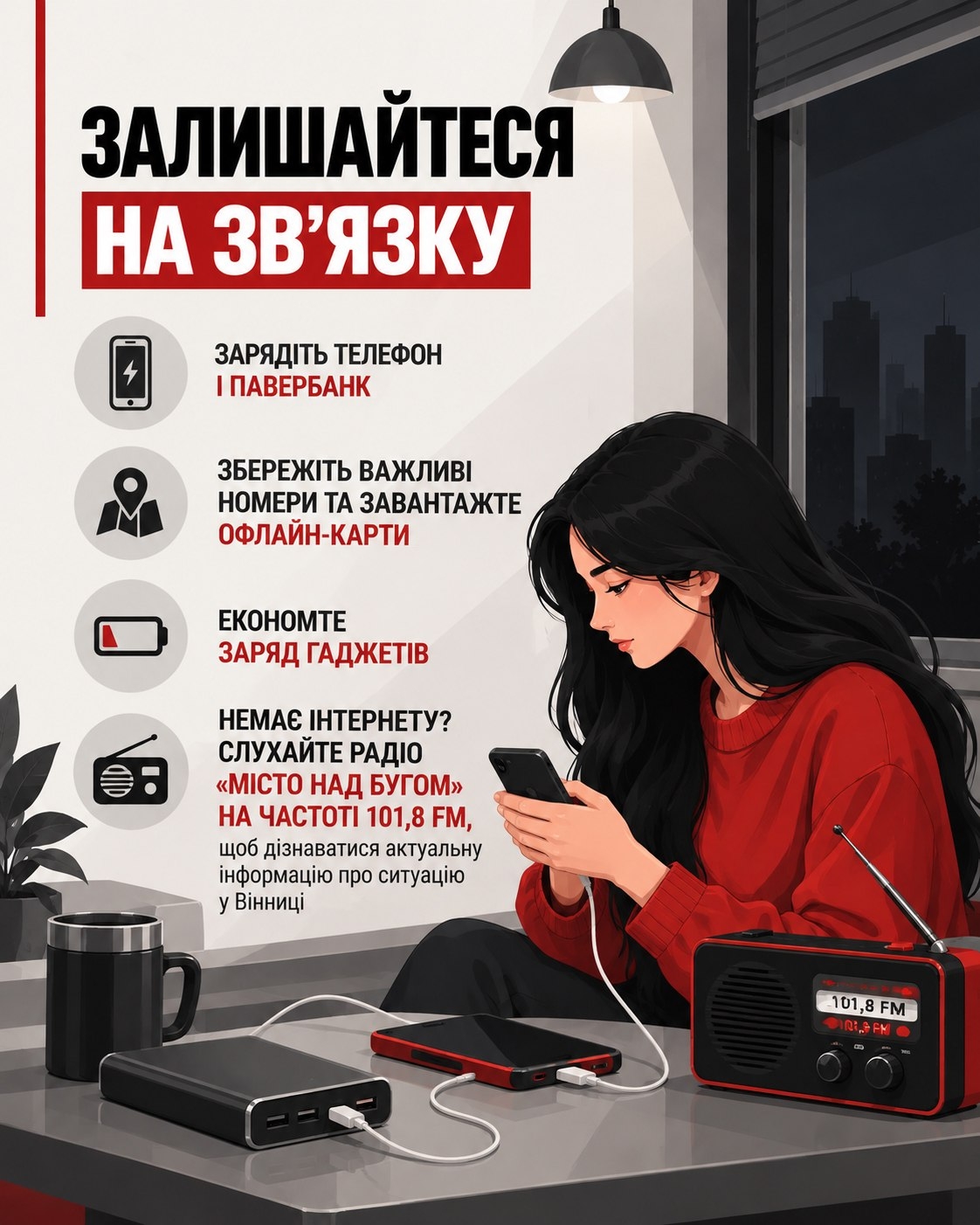 Ліхтарик, павербанк, пляшки з водою та консерви, підготовлені вдома у Вінниці на випадок відключення світла