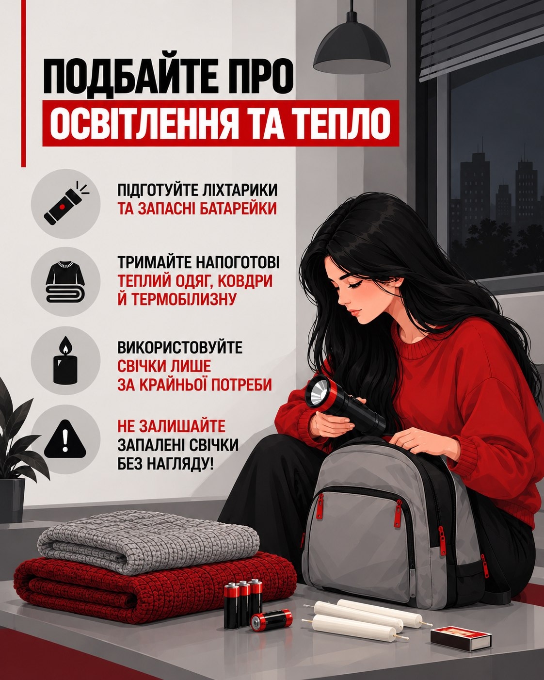 Ліхтарик, павербанк, пляшки з водою та консерви, підготовлені вдома у Вінниці на випадок відключення світла