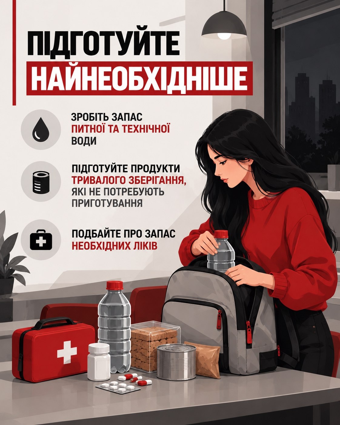 Ліхтарик, павербанк, пляшки з водою та консерви, підготовлені вдома у Вінниці на випадок відключення світла