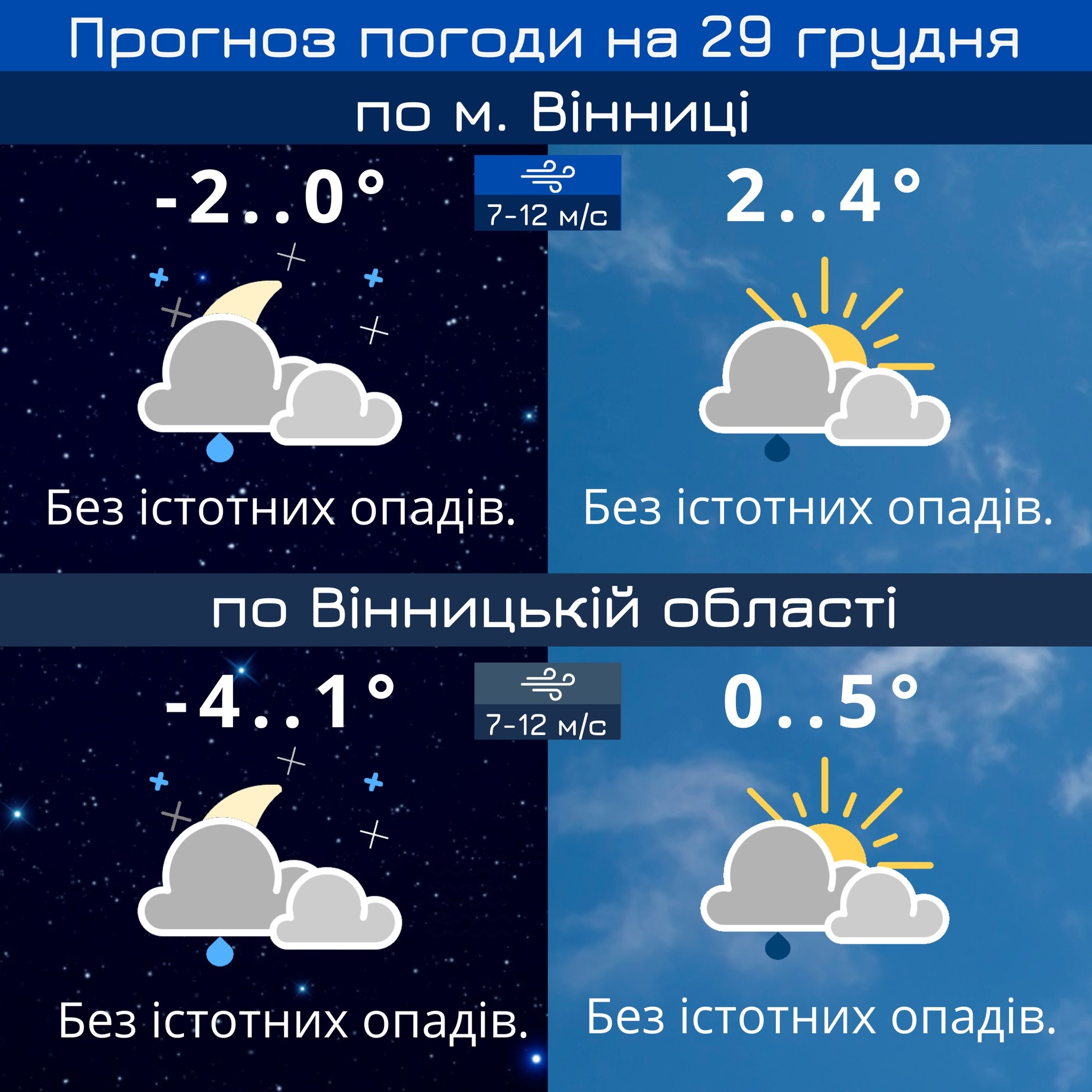 У четвер, 29 грудня, у Вінниці прогнозують 2-4° тепла