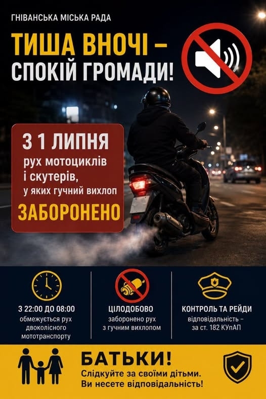 <p><strong>На території Гніванської громади діє рішення про обмеження з 22:00 до 08:00 години руху мотоциклів, моторолерів, мопедів та іншого двоколісного мототранспорту, що створює надмірний шум і порушує встановлені законодавством санітарні норми, а контроль за виконанням рішення здійснюють працівники відділення поліції.</strong></p> <p>Про це інформує <a href="https://vitatv.com.ua/">ВІТА ТБ</a> посилаючись на <a href="https://www.facebook.com/groups/513589968780293/?multi_permalinks=3530223227116937" rel="nofollow noopener">Гніванську територіальну громаду</a>.</p> <blockquote><p>Станом на сьогодні правоохоронцями вже складено 12 адміністративних матеріалів, зокрема сім — за керування транспортним засобом особою, яка не має права керування, і п'ять — за керування мототранспортом у стані алкогольного сп'яніння, — йдеться у повідомленні.</p></blockquote> <p>Громада вкотре звернулася до батьків із проханням бути відповідальними.</p> <h2>Звернення до батьків</h2> <p>Купуючи дітям мотоцикли, скутери, мопеди чи інший мототранспорт, батькам радять пам'ятати: разом із транспортним засобом вони беруть на себе відповідальність за безпеку та поведінку дітей на дорогах.</p> <blockquote><p>На жаль, працівники поліції не мають можливості одночасно вплинути на всіх водіїв мототранспорту, які порушують правила. Саме тому звертаємося до вас із проханням проводити зі своїми дітьми роз'яснювальні бесіди щодо безпечного та відповідального користування мототранспортом, — йдеться у повідомленні.</p></blockquote> <p>Громада просить не допускати самовільного переобладнання мопедів і скутерів, зокрема зняття глушників та внесення інших конструктивних змін, що спричиняють надмірний шум і порушують спокій мешканців. Мототранспорт має використовуватися виключно за призначенням, із дотриманням Правил дорожнього руху та вимог чинного законодавства.</p> <p>Саме батьки несуть моральну, а у визначених законом випадках — і юридичну відповідальність за дії своїх неповнолітніх дітей. Громада просить не залишатися осторонь, цікавитися дозвіллям