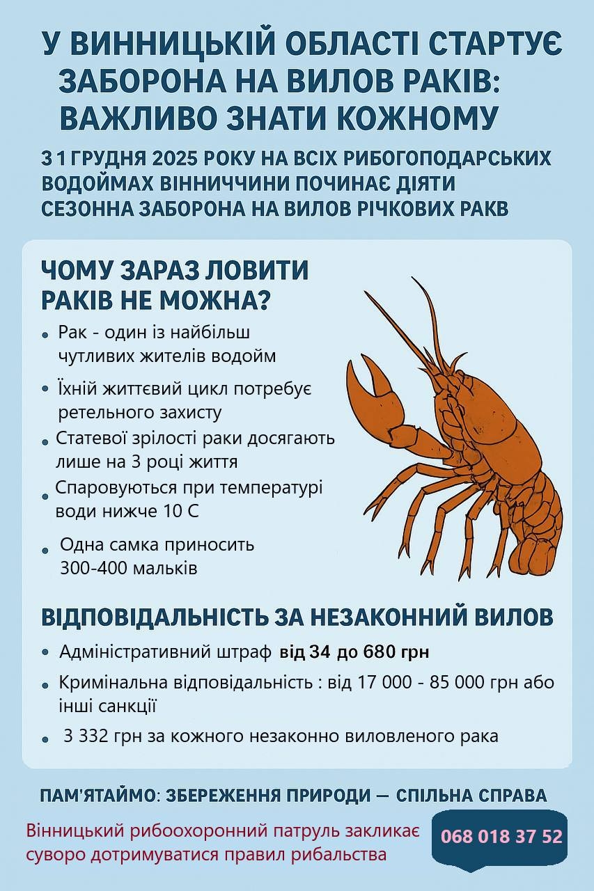 У Вінницькій області стартує заборона на вилов раків