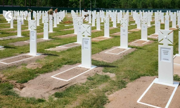 Меморіальне військове кладовище з рядами могил, прапорами та хрестами Меморіальне військове кладовище з рядами могил, прапорами та хрестами